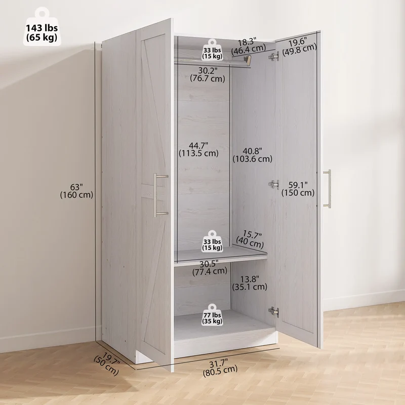 Farmhouse Armoire Wardrobe, 2 Barn Doors, White Wood Effect, White