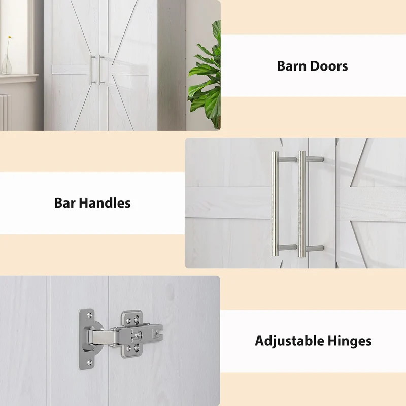Farmhouse Armoire Wardrobe, 2 Barn Doors, White Wood Effect, White
