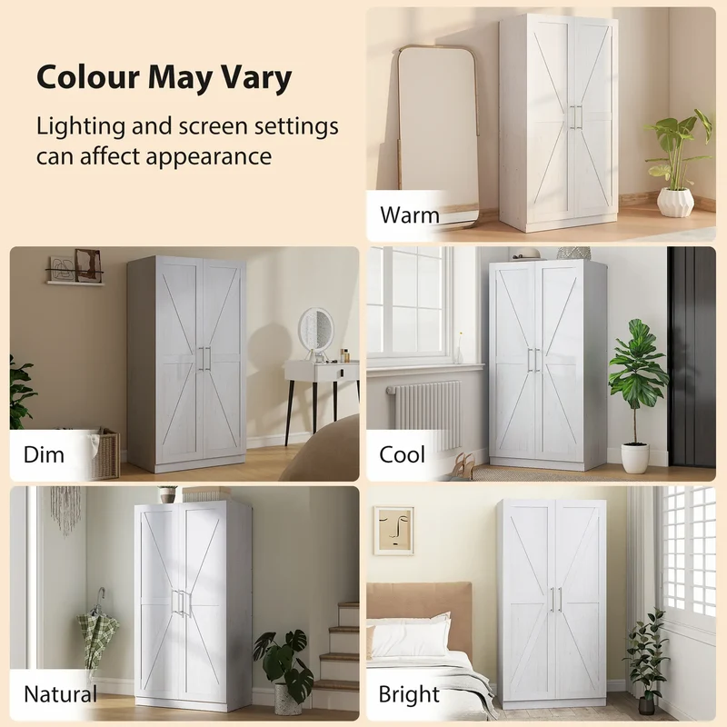 Farmhouse Armoire Wardrobe, 2 Barn Doors, White Wood Effect, White