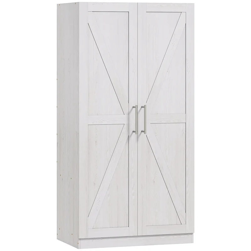 Farmhouse Armoire Wardrobe, 2 Barn Doors, White Wood Effect, White