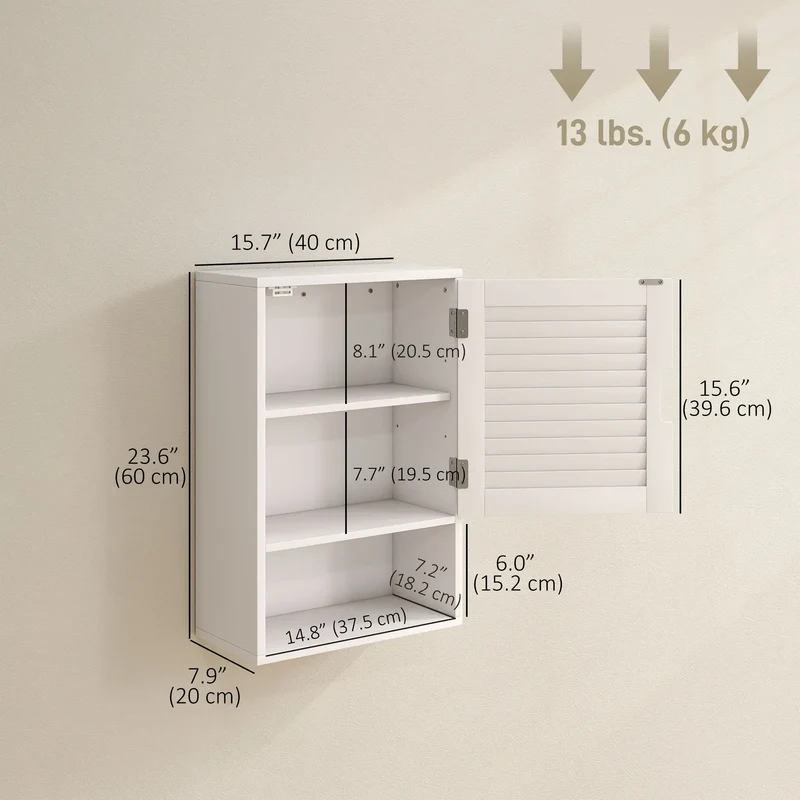 Wall Mounted Bathroom Cabinet, Adjustable Shelves, 40 x 20 x 60 cm, White