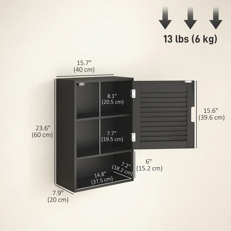 Wall Mounted Bathroom Cabinet, Adjustable Shelves, 40 x 20 x 60 cm, Black