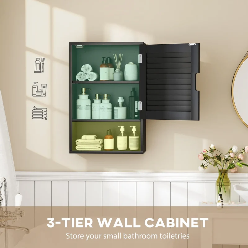 Wall Mounted Bathroom Cabinet, Adjustable Shelves, 40 x 20 x 60 cm, Black