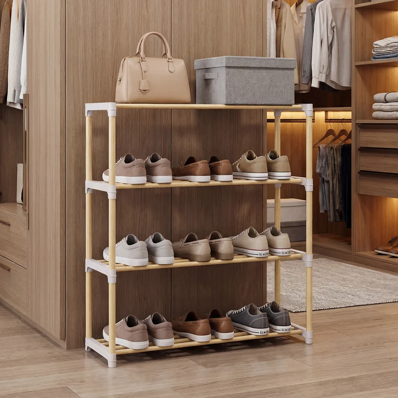 3/4-Tier Solid Wood Shoe Rack with Slatted Open Shelves-4-Tier, Natural