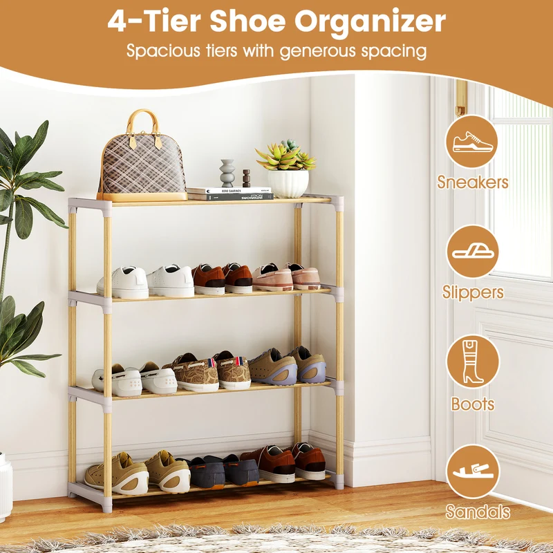 3/4-Tier Solid Wood Shoe Rack with Slatted Open Shelves-4-Tier, Natural