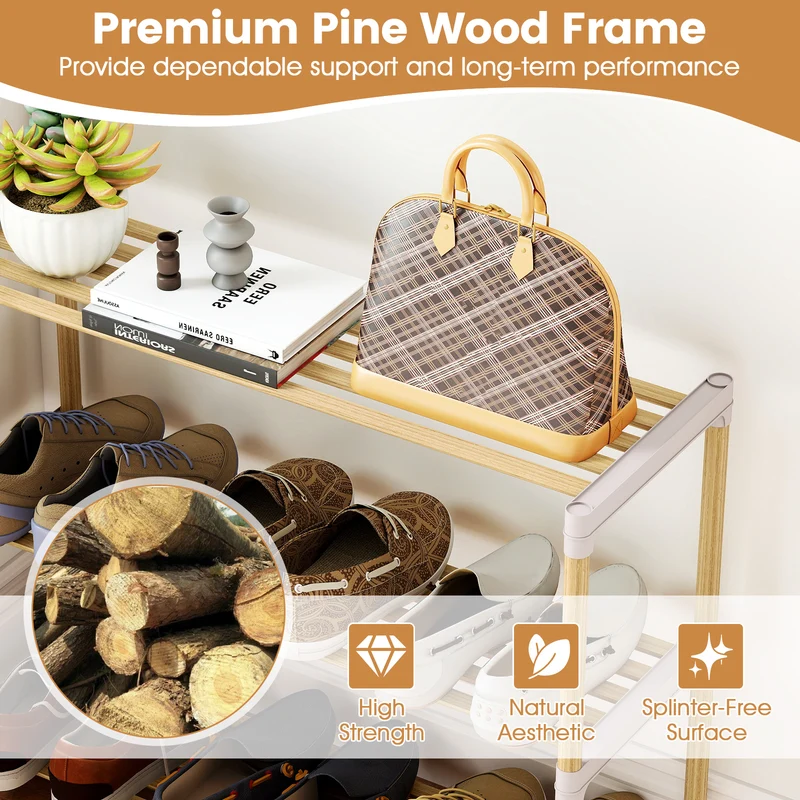 3/4-Tier Solid Wood Shoe Rack with Slatted Open Shelves-4-Tier, Natural