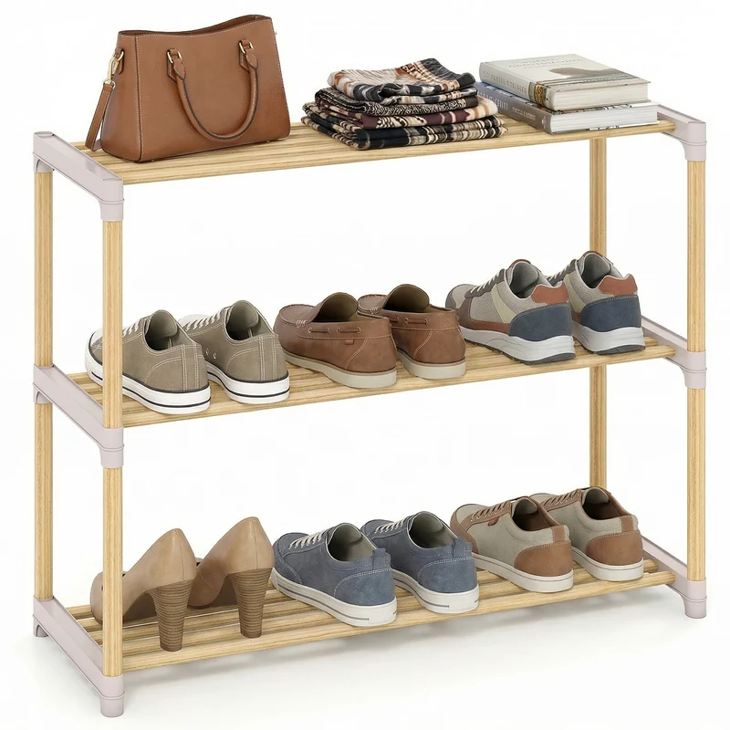 3/4-Tier Solid Wood Shoe Rack with Slatted Open Shelves-3-Tier, Natural