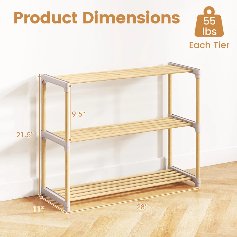 3/4-Tier Solid Wood Shoe Rack with Slatted Open Shelves-3-Tier, Natural
