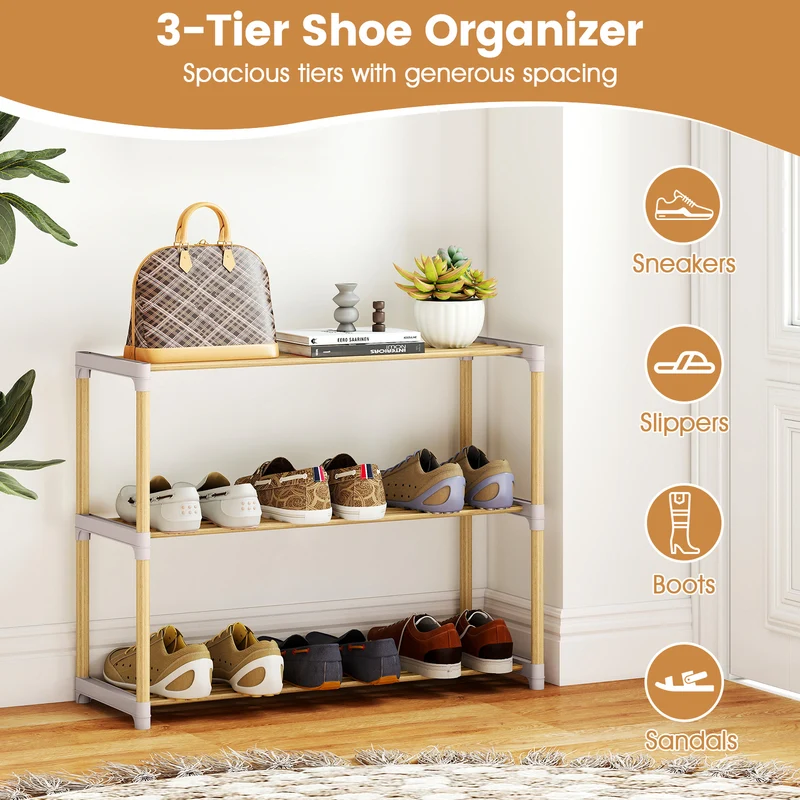 3/4-Tier Solid Wood Shoe Rack with Slatted Open Shelves-3-Tier, Natural