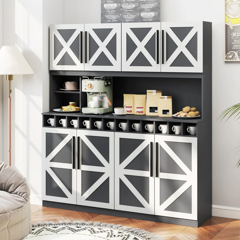 70 Inch Farmhouse Pantry Cabinet Kitchen Buffet Hutch with 4 Cabinets and 2 Open Shelves, Dark Gray