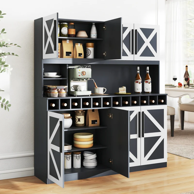 70 Inch Farmhouse Pantry Cabinet Kitchen Buffet Hutch with 4 Cabinets and 2 Open Shelves, Dark Gray