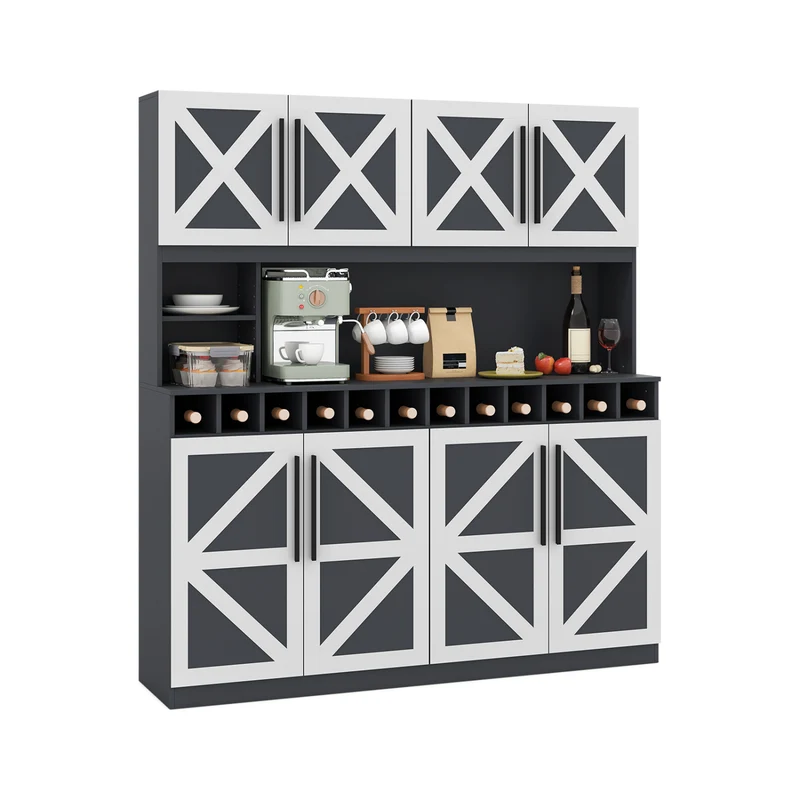 70 Inch Farmhouse Pantry Cabinet Kitchen Buffet Hutch with 4 Cabinets and 2 Open Shelves, Dark Gray