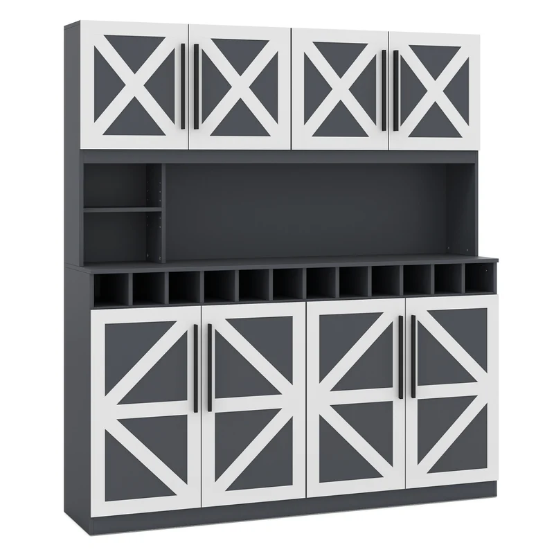 70 Inch Farmhouse Pantry Cabinet Kitchen Buffet Hutch with 4 Cabinets and 2 Open Shelves, Dark Gray