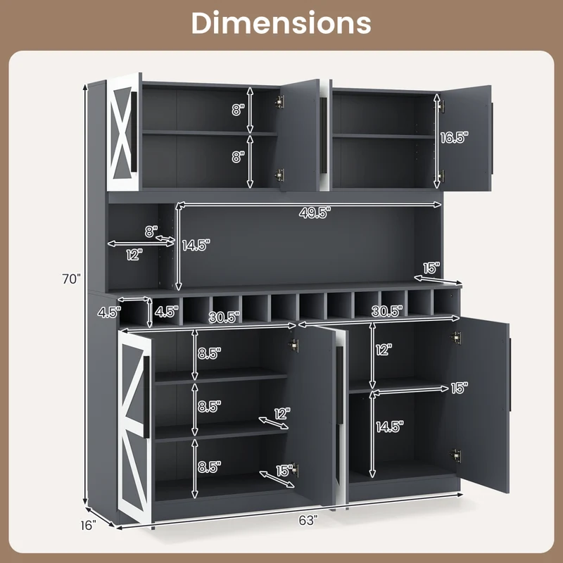 70 Inch Farmhouse Pantry Cabinet Kitchen Buffet Hutch with 4 Cabinets and 2 Open Shelves, Dark Gray