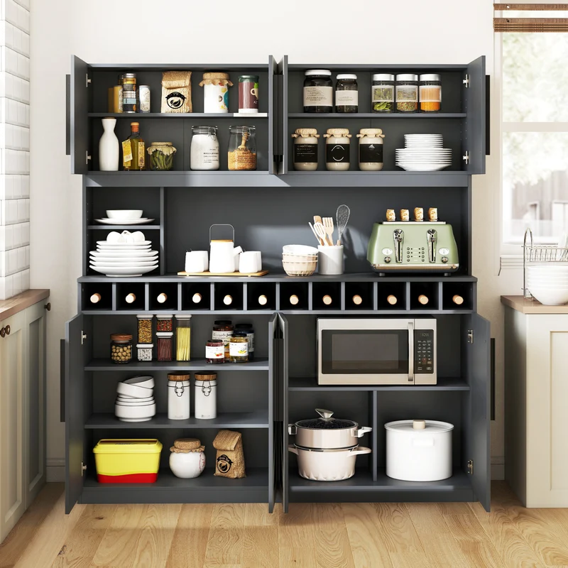 70 Inch Farmhouse Pantry Cabinet Kitchen Buffet Hutch with 4 Cabinets and 2 Open Shelves, Dark Gray
