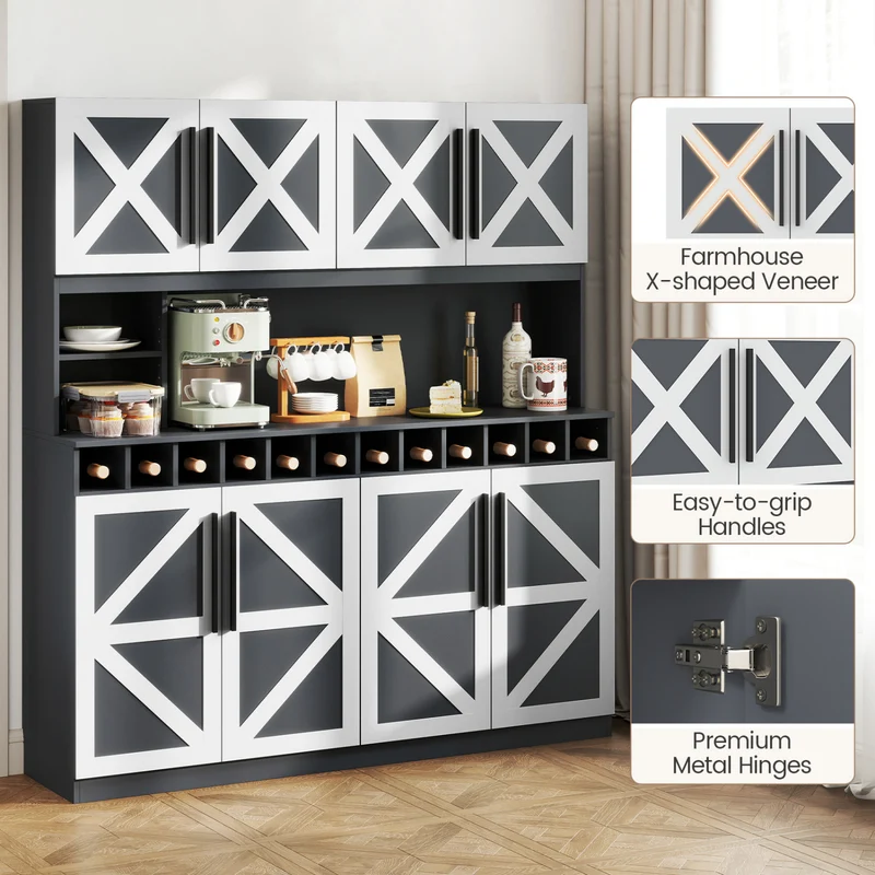70 Inch Farmhouse Pantry Cabinet Kitchen Buffet Hutch with 4 Cabinets and 2 Open Shelves, Dark Gray