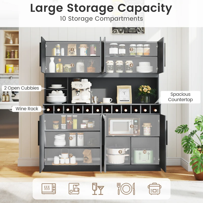 70 Inch Farmhouse Pantry Cabinet Kitchen Buffet Hutch with 4 Cabinets and 2 Open Shelves, Dark Gray