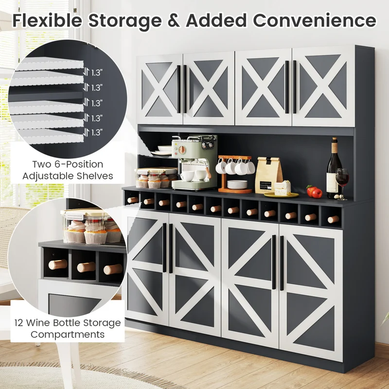 70 Inch Farmhouse Pantry Cabinet Kitchen Buffet Hutch with 4 Cabinets and 2 Open Shelves, Dark Gray