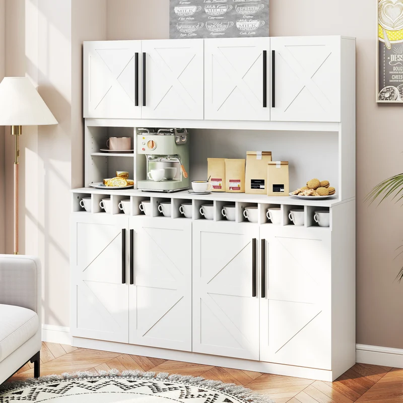 70 Inch Farmhouse Pantry Cabinet Kitchen Buffet Hutch with 4 Cabinets and 2 Open Shelves, White