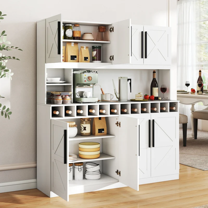 70 Inch Farmhouse Pantry Cabinet Kitchen Buffet Hutch with 4 Cabinets and 2 Open Shelves, White