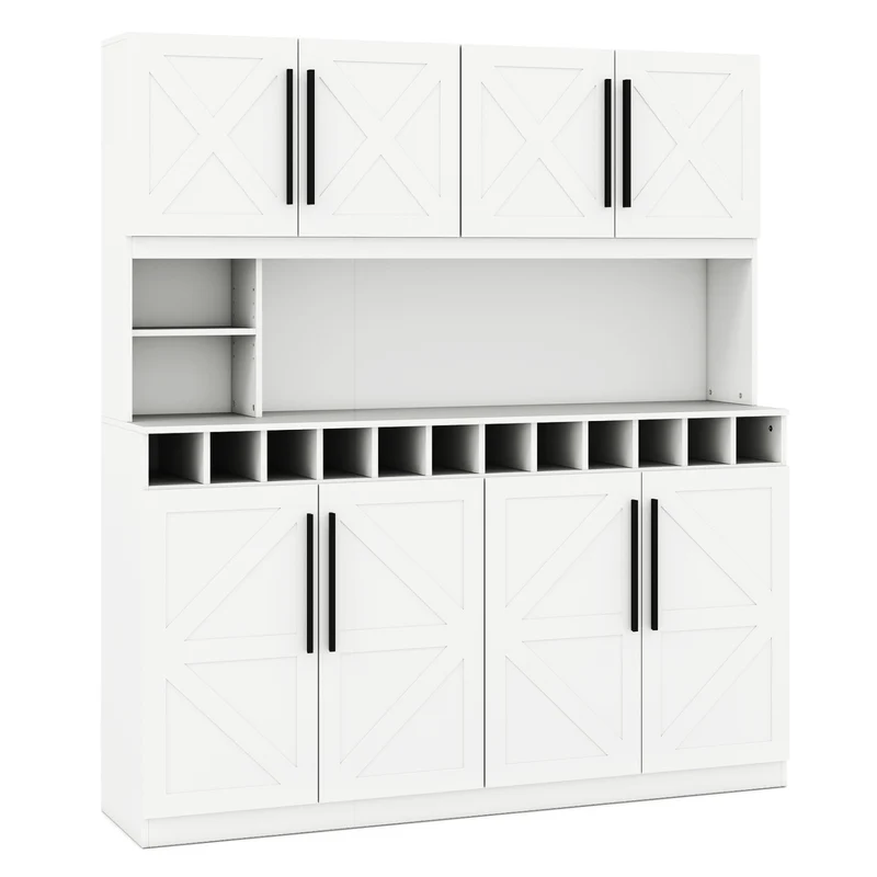 70 Inch Farmhouse Pantry Cabinet Kitchen Buffet Hutch with 4 Cabinets and 2 Open Shelves, White