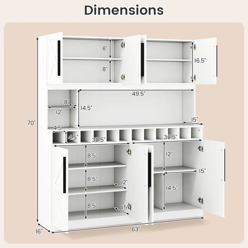 70 Inch Farmhouse Pantry Cabinet Kitchen Buffet Hutch with 4 Cabinets and 2 Open Shelves, White