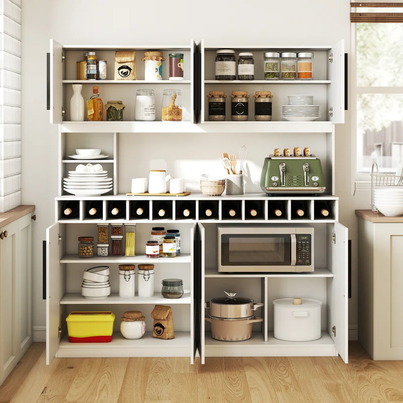 70 Inch Farmhouse Pantry Cabinet Kitchen Buffet Hutch with 4 Cabinets and 2 Open Shelves, White