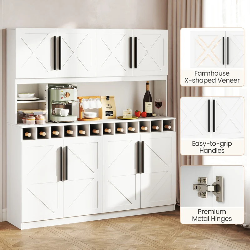 70 Inch Farmhouse Pantry Cabinet Kitchen Buffet Hutch with 4 Cabinets and 2 Open Shelves, White