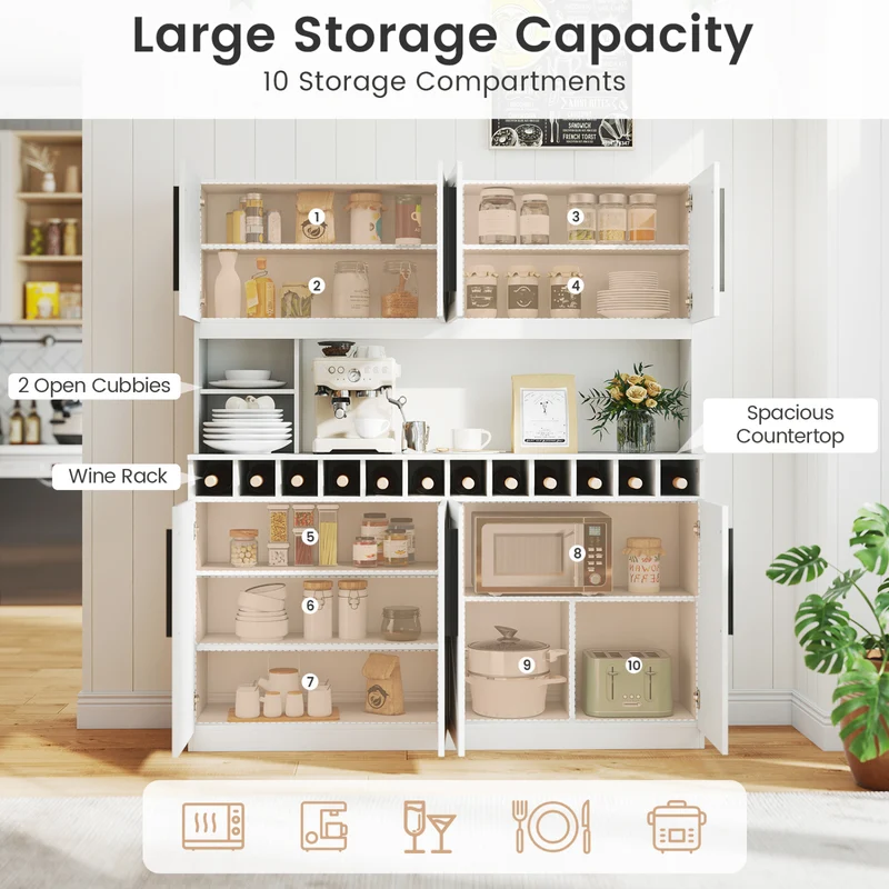 70 Inch Farmhouse Pantry Cabinet Kitchen Buffet Hutch with 4 Cabinets and 2 Open Shelves, White