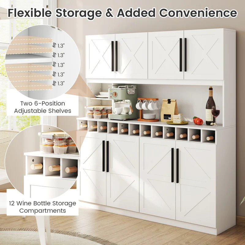 70 Inch Farmhouse Pantry Cabinet Kitchen Buffet Hutch with 4 Cabinets and 2 Open Shelves, White