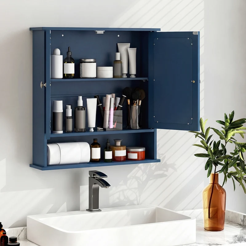 Double Door Wall-Mounted Bathroom Mirror Cabinet with Storage Shelf, Blue