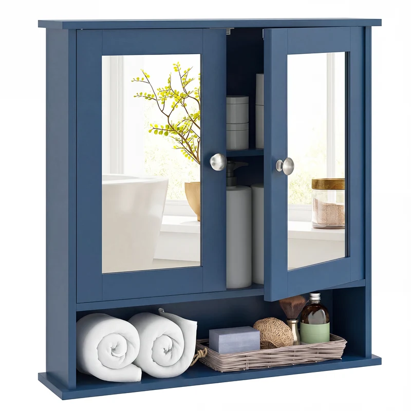 Double Door Wall-Mounted Bathroom Mirror Cabinet with Storage Shelf, Blue