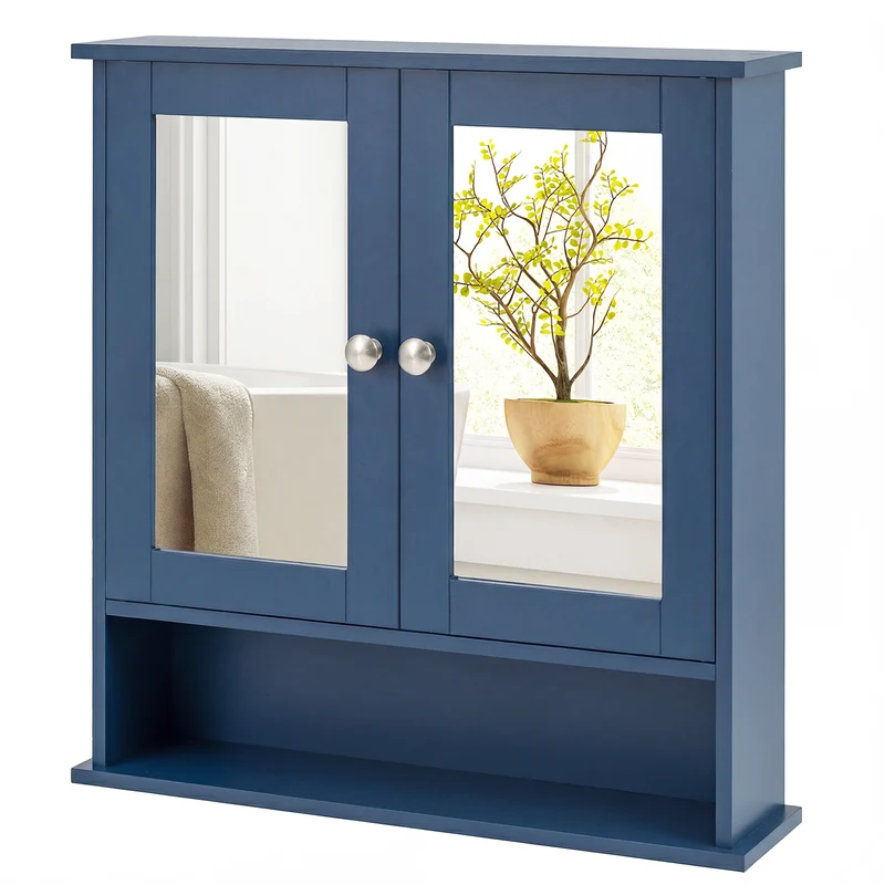 Double Door Wall-Mounted Bathroom Mirror Cabinet with Storage Shelf, Blue