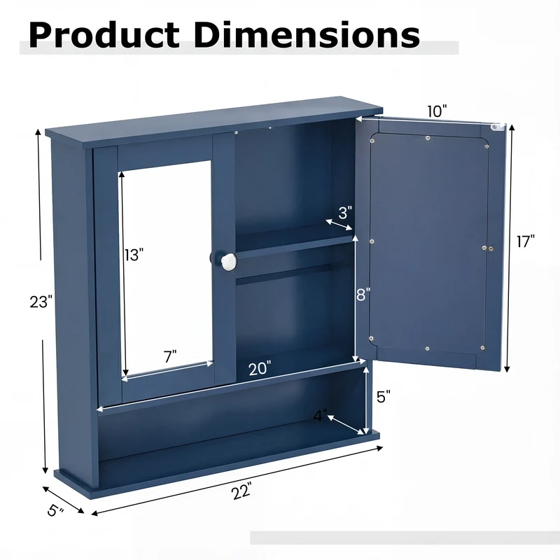 Double Door Wall-Mounted Bathroom Mirror Cabinet with Storage Shelf, Blue