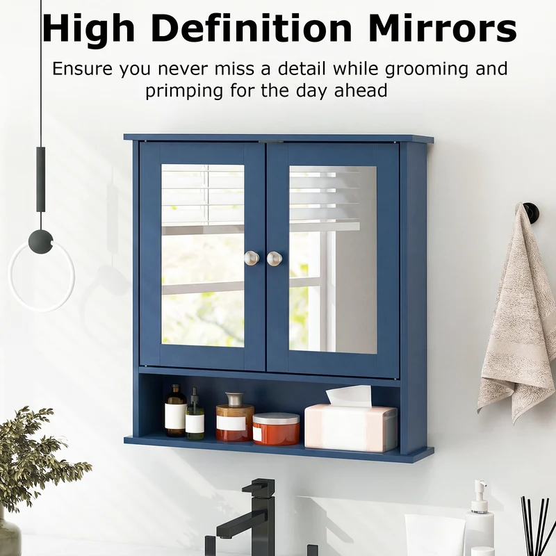 Double Door Wall-Mounted Bathroom Mirror Cabinet with Storage Shelf, Blue