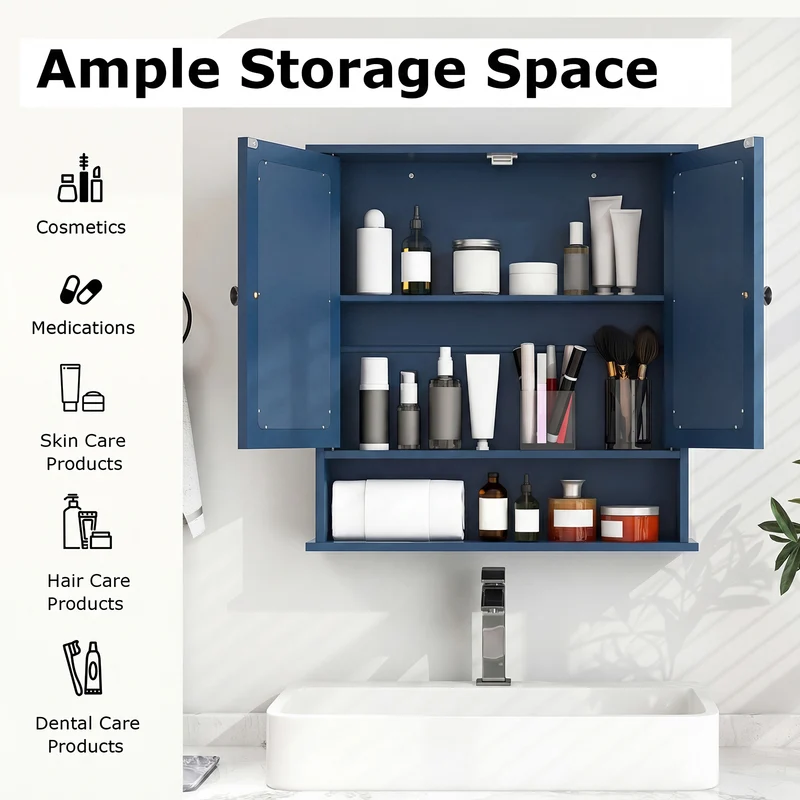 Double Door Wall-Mounted Bathroom Mirror Cabinet with Storage Shelf, Blue