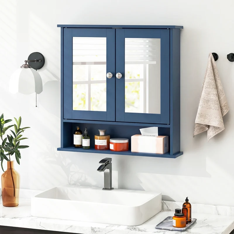Double Door Wall-Mounted Bathroom Mirror Cabinet with Storage Shelf, Blue