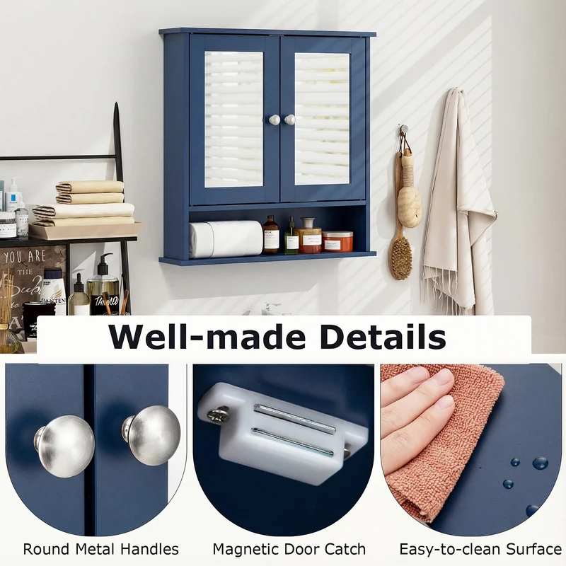 Double Door Wall-Mounted Bathroom Mirror Cabinet with Storage Shelf, Blue