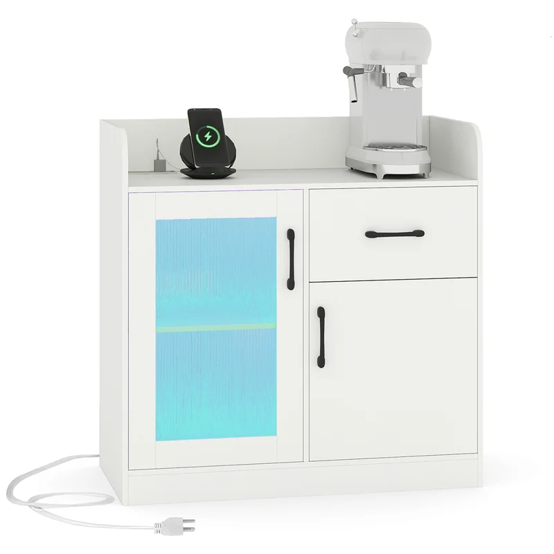 LED Buffet Sideboard with Charging Station with Drawer and Translucent Fluted Door, White