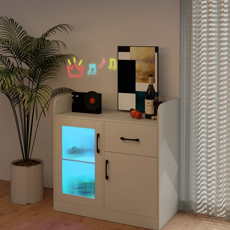 LED Buffet Sideboard with Charging Station with Drawer and Translucent Fluted Door, White