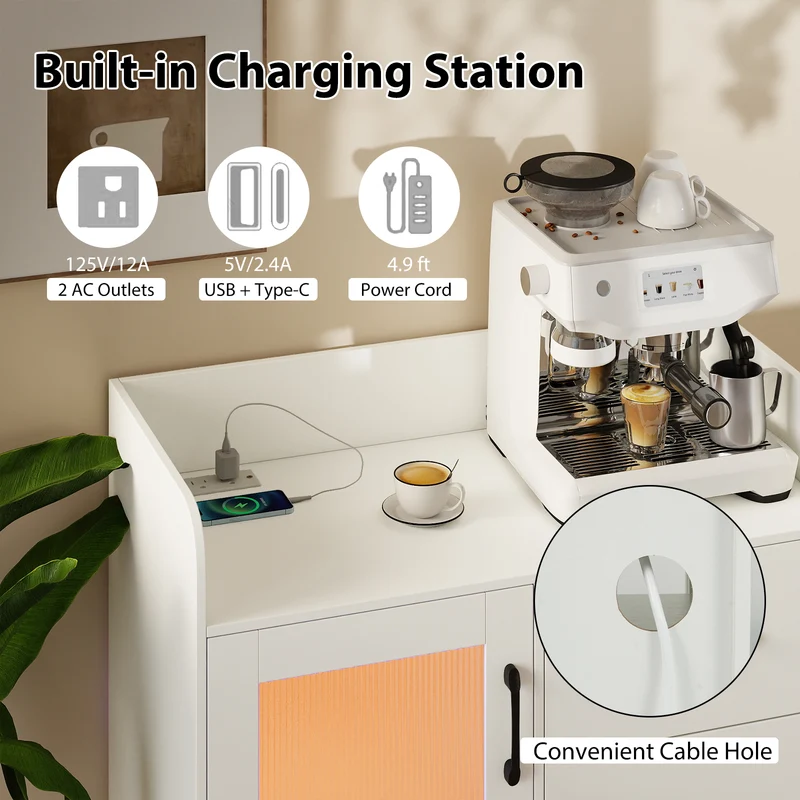LED Buffet Sideboard with Charging Station with Drawer and Translucent Fluted Door, White