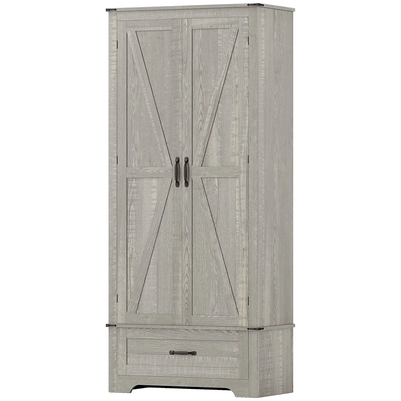 72" Farmhouse Pantry Cabinet, Adjustable Shelves, 2 Doors, Distressed, Light Grey