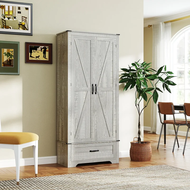 72" Farmhouse Pantry Cabinet, Adjustable Shelves, 2 Doors, Distressed, Light Grey