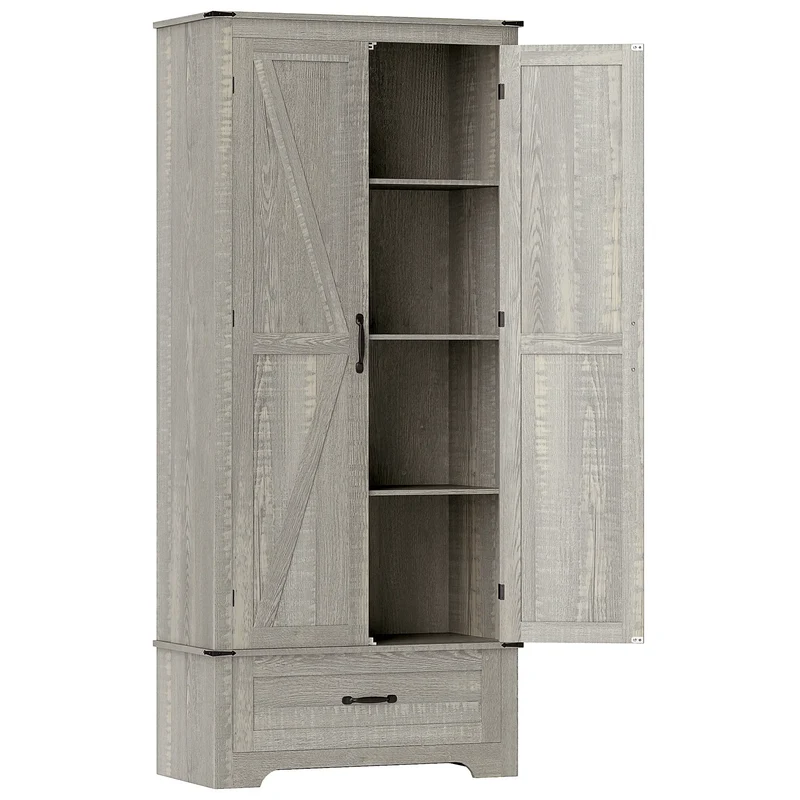 72" Farmhouse Pantry Cabinet, Adjustable Shelves, 2 Doors, Distressed, Light Grey