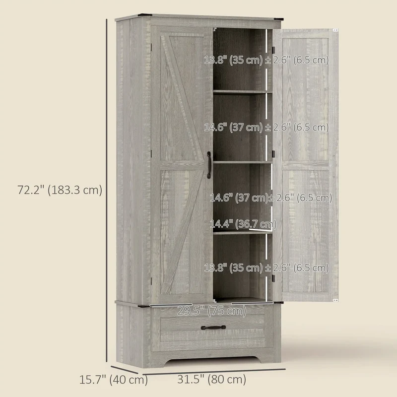 72" Farmhouse Pantry Cabinet, Adjustable Shelves, 2 Doors, Distressed, Light Grey