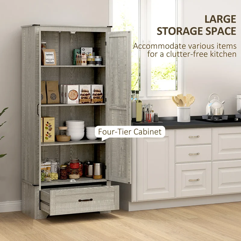 72" Farmhouse Pantry Cabinet, Adjustable Shelves, 2 Doors, Distressed, Light Grey