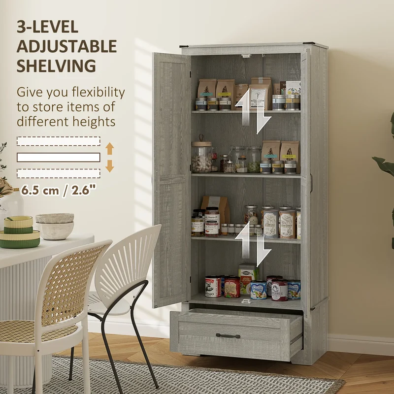 72" Farmhouse Pantry Cabinet, Adjustable Shelves, 2 Doors, Distressed, Light Grey