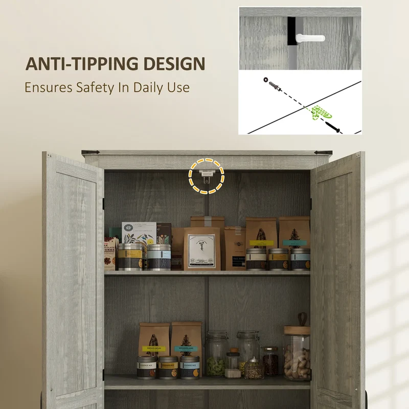 72" Farmhouse Pantry Cabinet, Adjustable Shelves, 2 Doors, Distressed, Light Grey