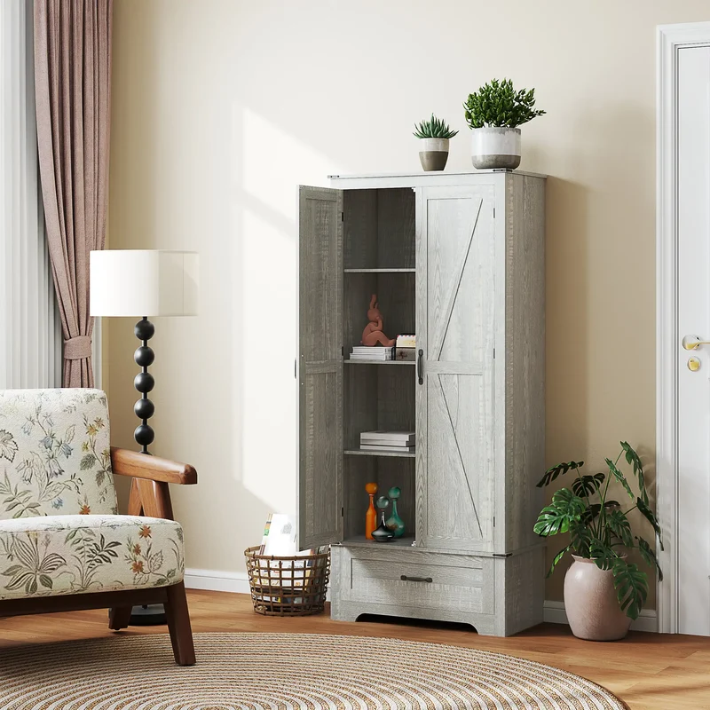 72" Farmhouse Pantry Cabinet, Adjustable Shelves, 2 Doors, Distressed, Light Grey
