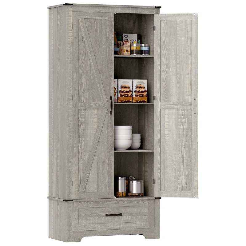 72" Farmhouse Pantry Cabinet, Adjustable Shelves, 2 Doors, Distressed, Light Grey